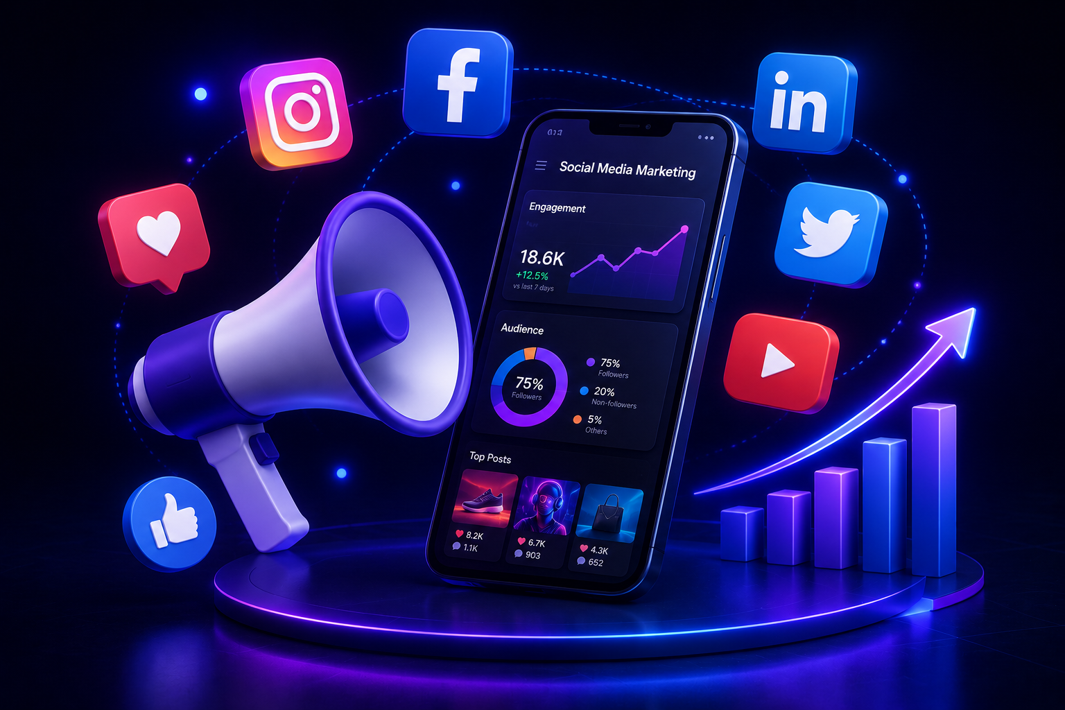 digitora.in social media marketing image showing social platforms and audience growth