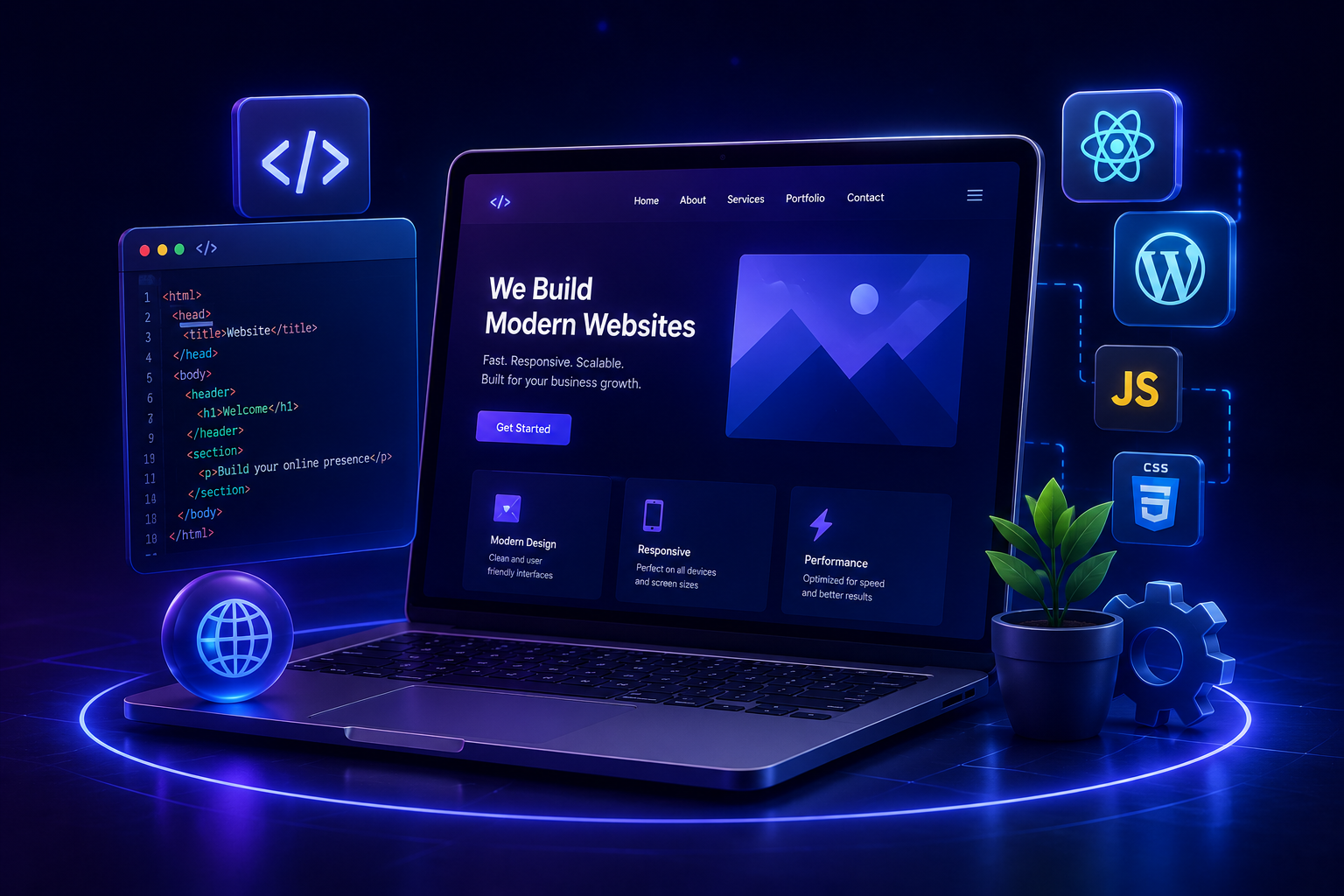 digitora.in website development image showing modern website design, coding interface, responsive web development, and digital solutions